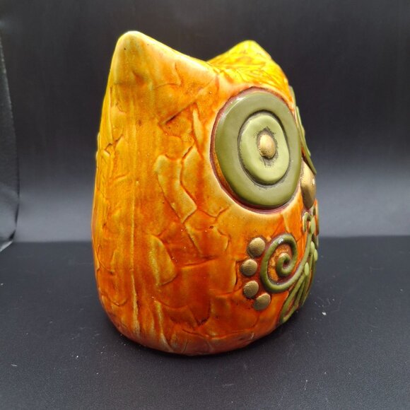 Vintage Ceramic Fitz & Floyd Owl Coin Bank Embossed Floral Orange-Green READ - Picture 2 of 8